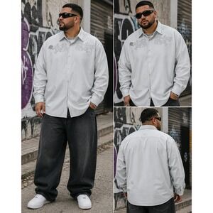 Mens Y2K Streetwear Button Down Shirt Gray Embroidered Royalty Eddie‎ Domani